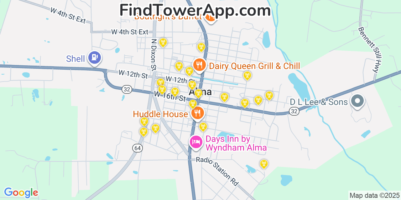 Map showing the 20 primary cell tower locations detected in Alma, Georgia from AT&T, Verizon, and T-Mobile networks