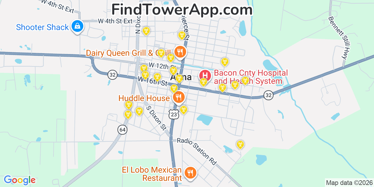 Map showing the 20 primary cell tower locations detected in Alma, Georgia from AT&T, Verizon, and T-Mobile networks