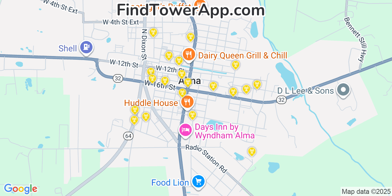 Map showing the 20 primary Mobitel cell tower locations detected in Alma, Georgia with coverage radius and signal strength indicators