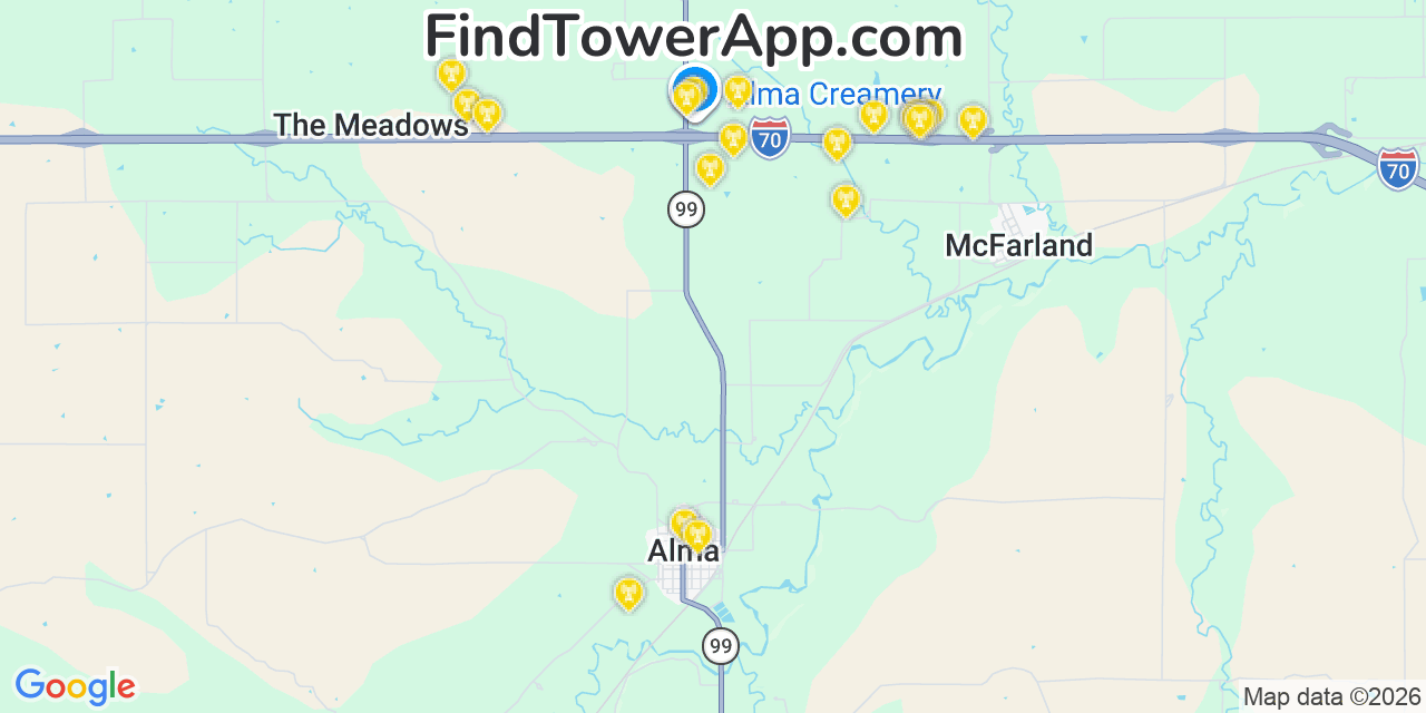 Map showing the 20 primary cell tower locations detected in Alma, Kansas from AT&T, Verizon, and T-Mobile networks