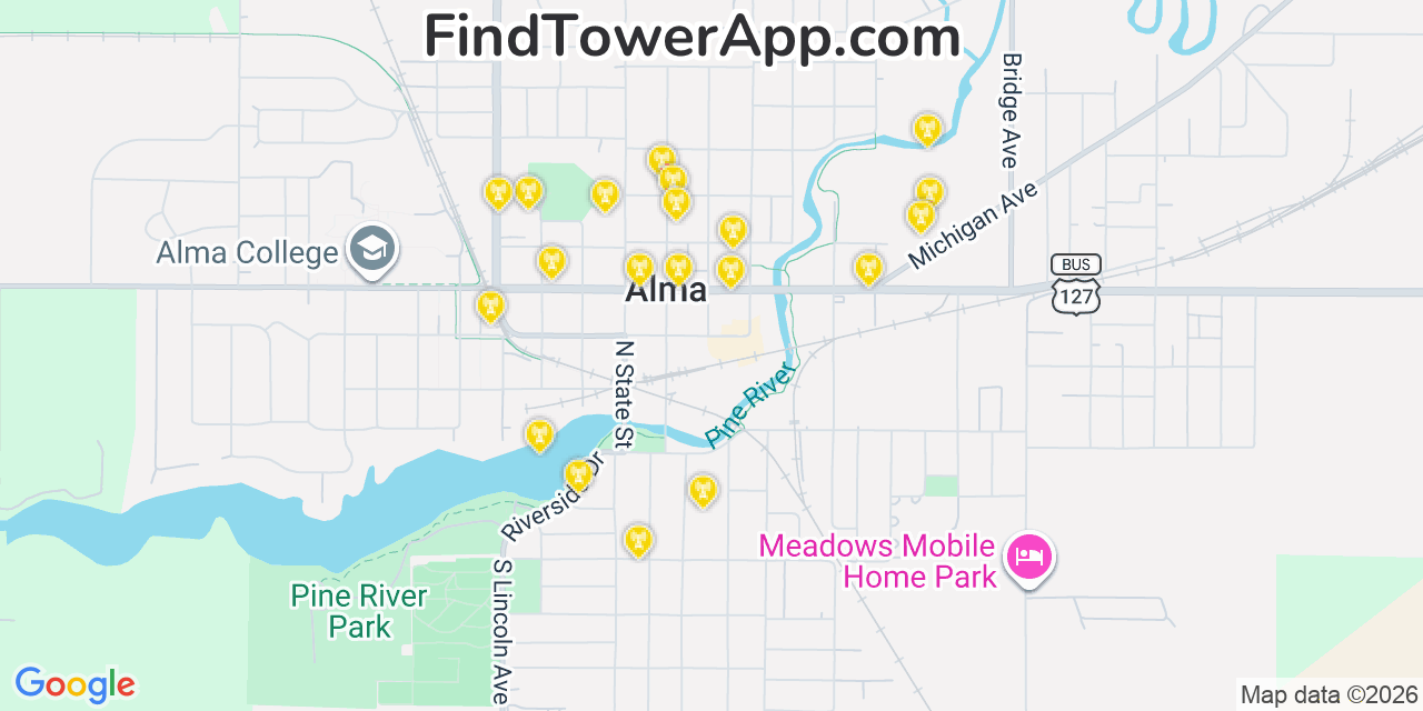 Map showing the 20 primary cell tower locations detected in Alma, Michigan from AT&T, Verizon, and T-Mobile networks