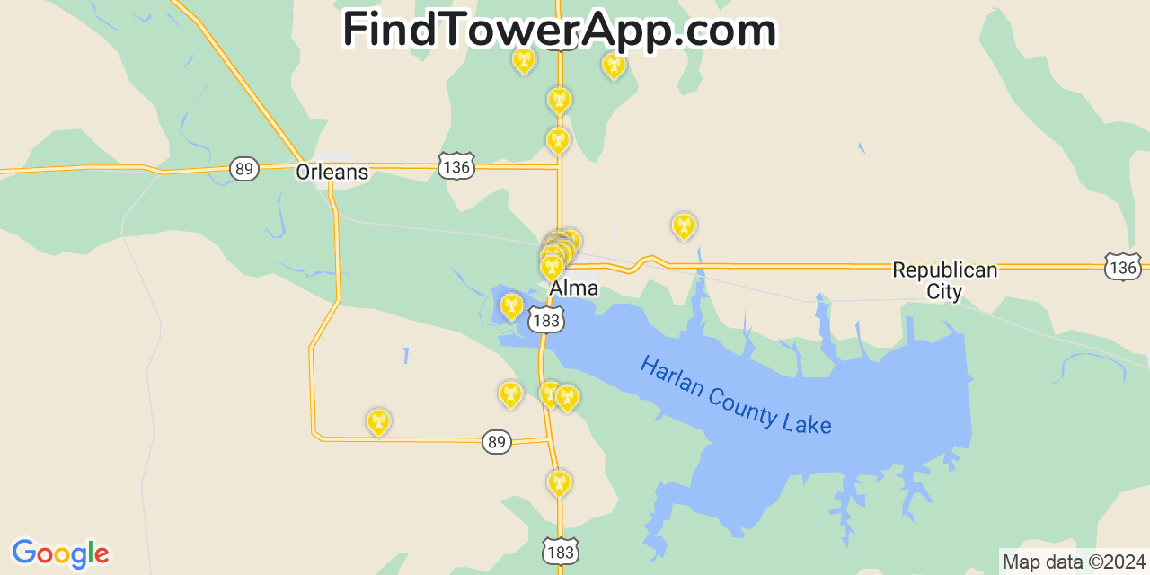 AT&T 4G/5G cell tower coverage map Alma, Nebraska