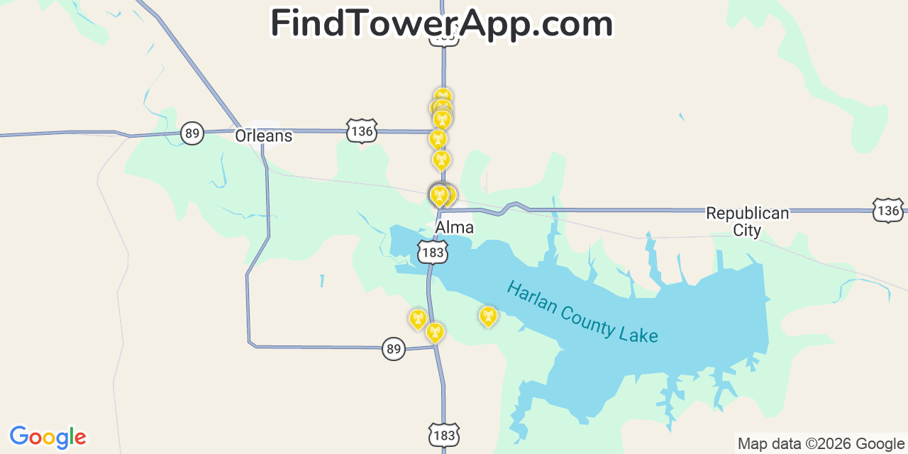 Map showing the 20 primary cell tower locations detected in Alma, Nebraska from AT&T, Verizon, and T-Mobile networks