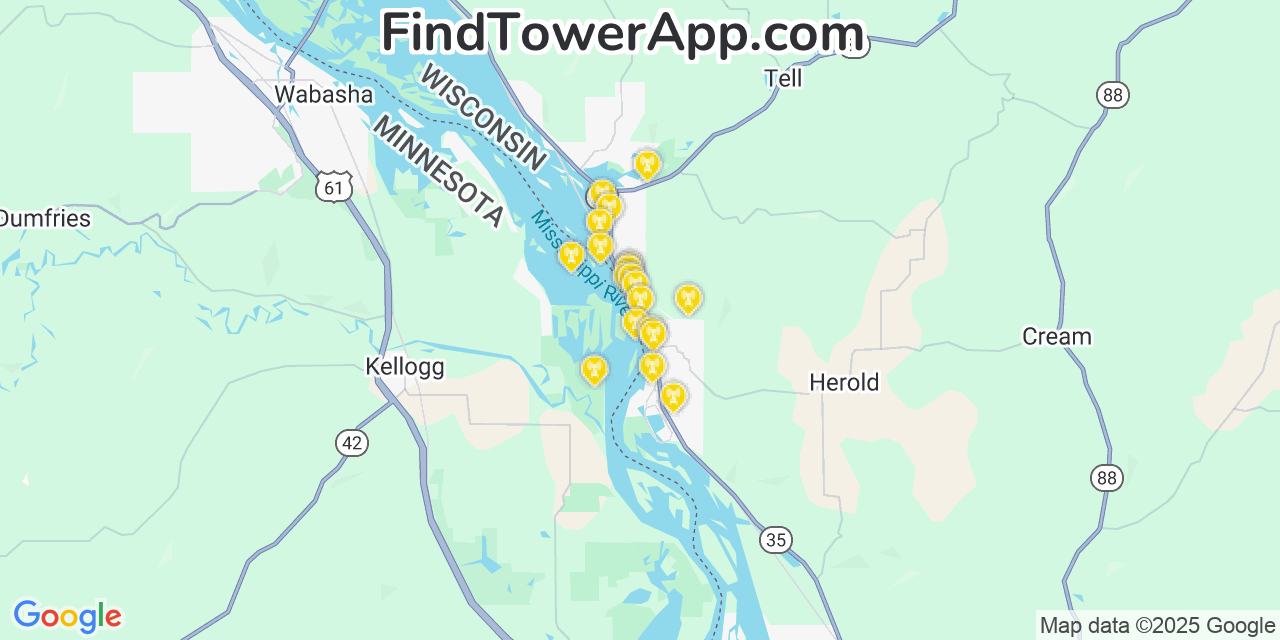 Map showing the 20 primary cell tower locations detected in Alma, Wisconsin from AT&T, Verizon, and T-Mobile networks