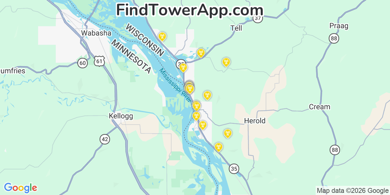 Map showing the 20 primary cell tower locations detected in Alma, Wisconsin from AT&T, Verizon, and T-Mobile networks
