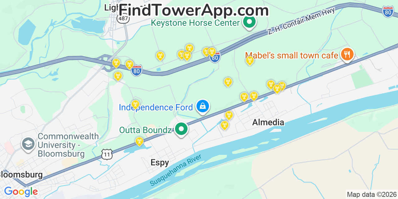 Map showing the 20 primary cell tower locations detected in Almedia, Pennsylvania from AT&T, Verizon, and T-Mobile networks