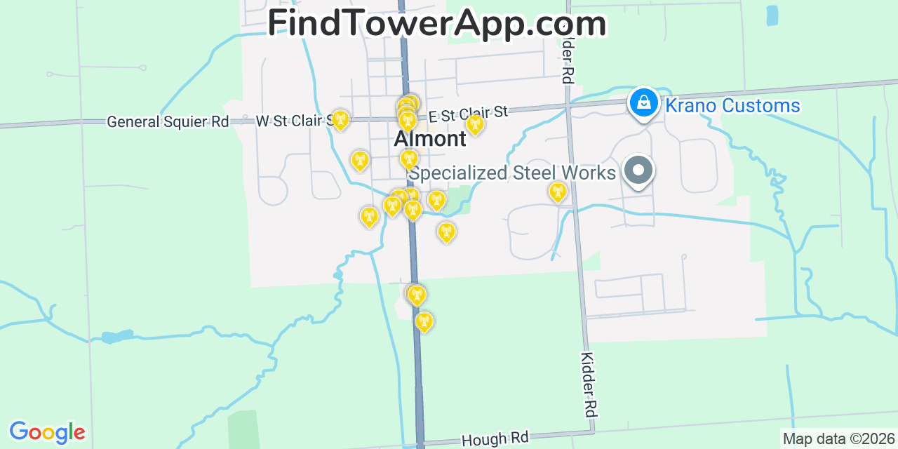 Map showing the 20 primary cell tower locations detected in Almont, Michigan from AT&T, Verizon, and T-Mobile networks