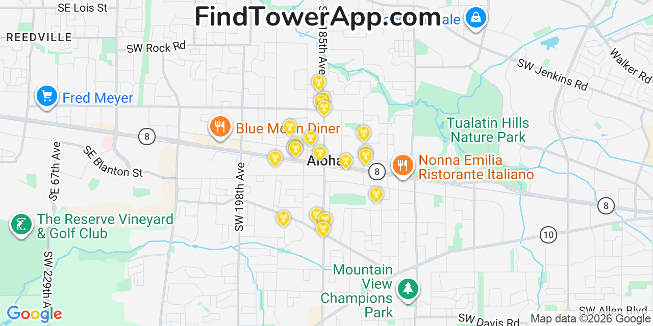 Map showing the 20 primary cell tower locations detected in Aloha, Oregon from AT&T, Verizon, and T-Mobile networks