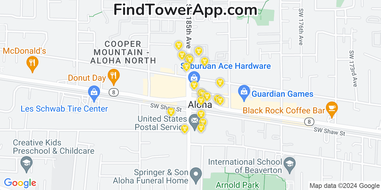 Verizon 4G/5G cell tower coverage map Aloha, Oregon