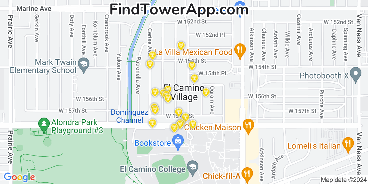 AT&T 4G/5G cell tower coverage map Alondra Park, California