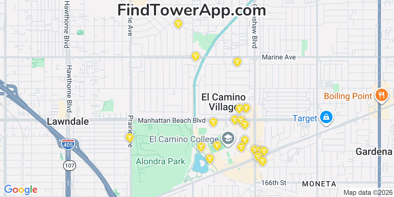 Map showing the 20 primary cell tower locations detected in Alondra Park, California from AT&T, Verizon, and T-Mobile networks
