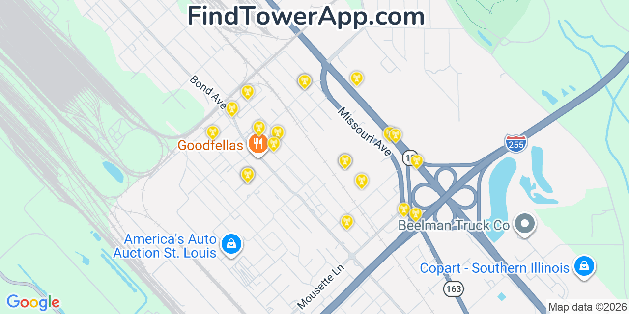Map showing the 20 primary cell tower locations detected in Alorton, Illinois from AT&T, Verizon, and T-Mobile networks