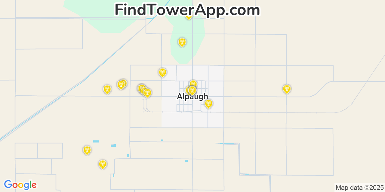 Map showing the 20 primary cell tower locations detected in Alpaugh, California from AT&T, Verizon, and T-Mobile networks