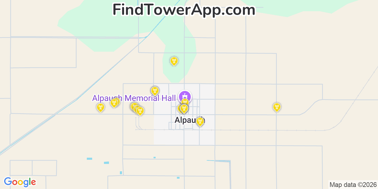 Map showing the 20 primary cell tower locations detected in Alpaugh, California from AT&T, Verizon, and T-Mobile networks