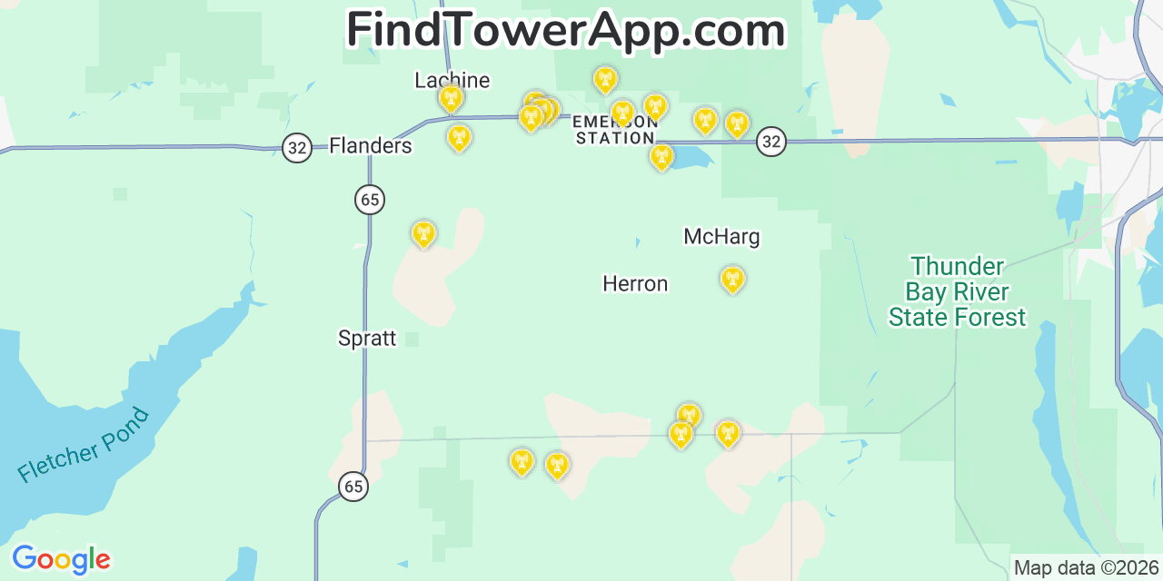 Map showing the 20 primary cell tower locations detected in Alpena, Michigan from AT&T, Verizon, and T-Mobile networks