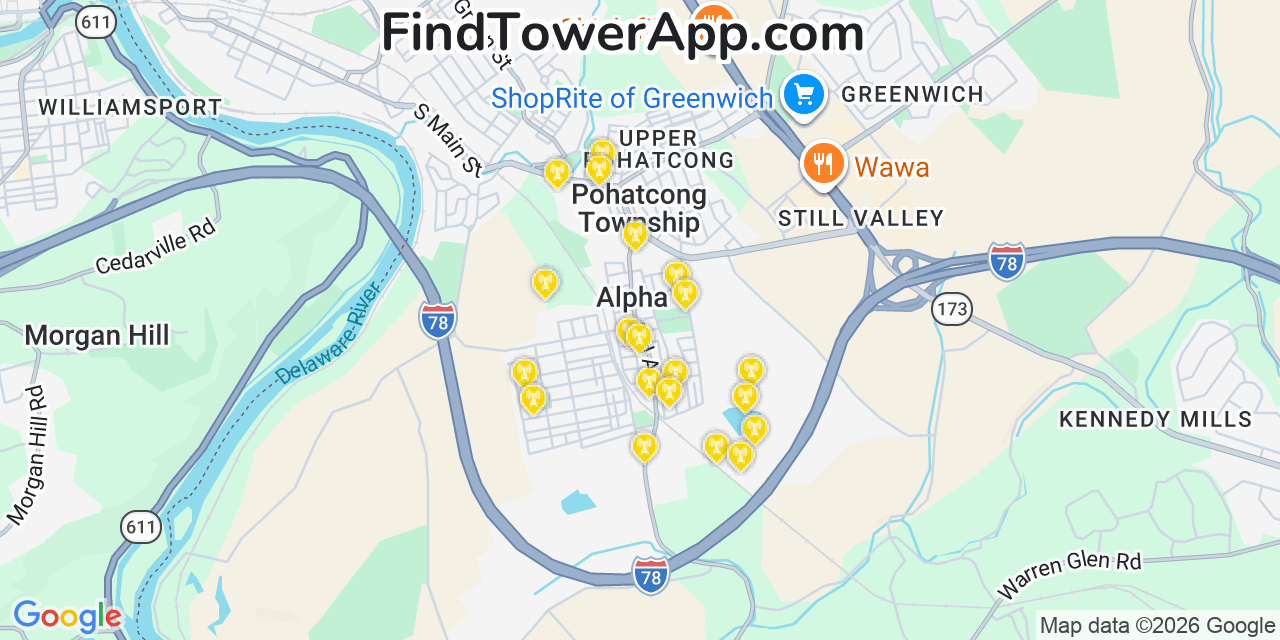Map showing the 20 primary cell tower locations detected in Alpha, New Jersey from AT&T, Verizon, and T-Mobile networks