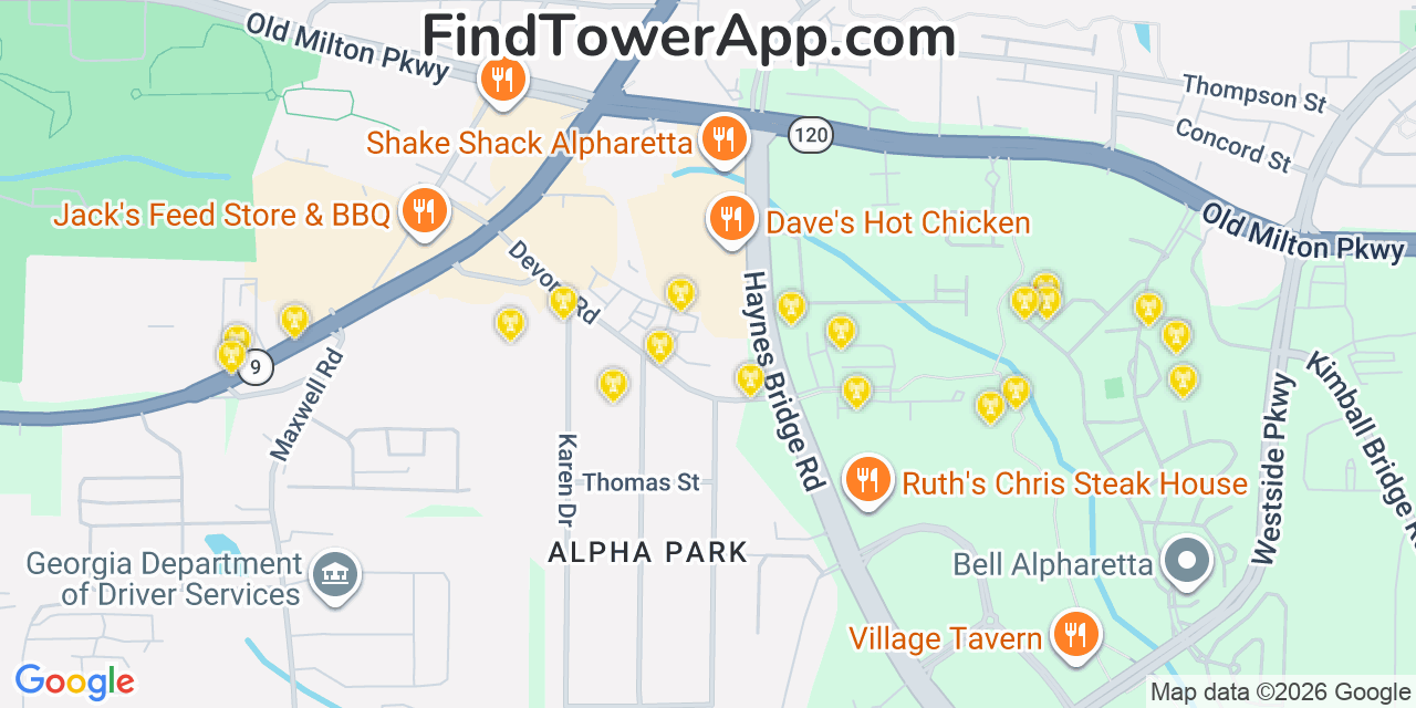 Map showing the 20 primary cell tower locations detected in Alpharetta, Georgia from AT&T, Verizon, and T-Mobile networks