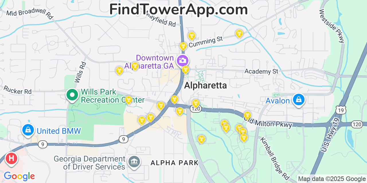 Map showing the 20 primary Mobitel cell tower locations detected in Alpharetta, Georgia with coverage radius and signal strength indicators