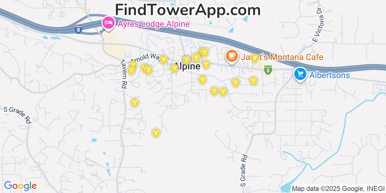 Map showing the 20 primary cell tower locations detected in Alpine, California from AT&T, Verizon, and T-Mobile networks