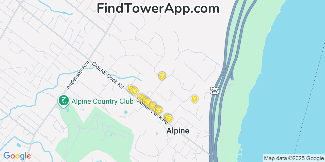 Map showing the 20 primary cell tower locations detected in Alpine, New Jersey from AT&T, Verizon, and T-Mobile networks