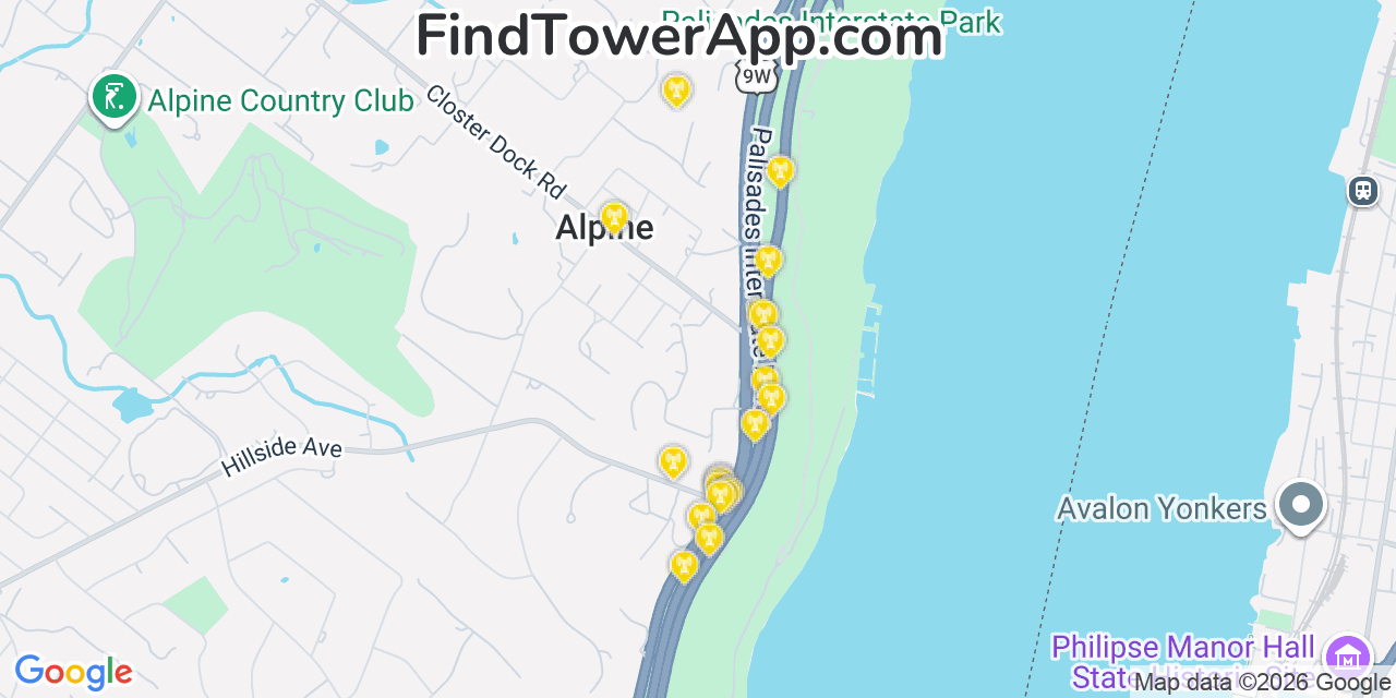 Map showing the 20 primary cell tower locations detected in Alpine, New Jersey from AT&T, Verizon, and T-Mobile networks