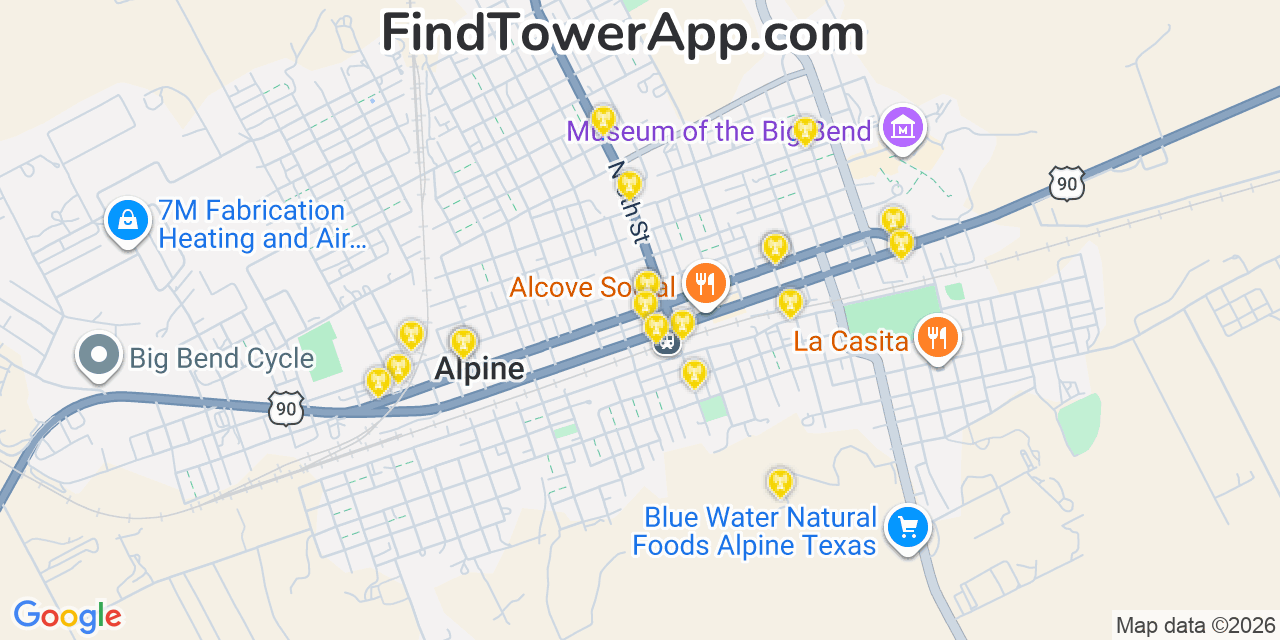 Map showing the 20 primary cell tower locations detected in Alpine, Texas from AT&T, Verizon, and T-Mobile networks