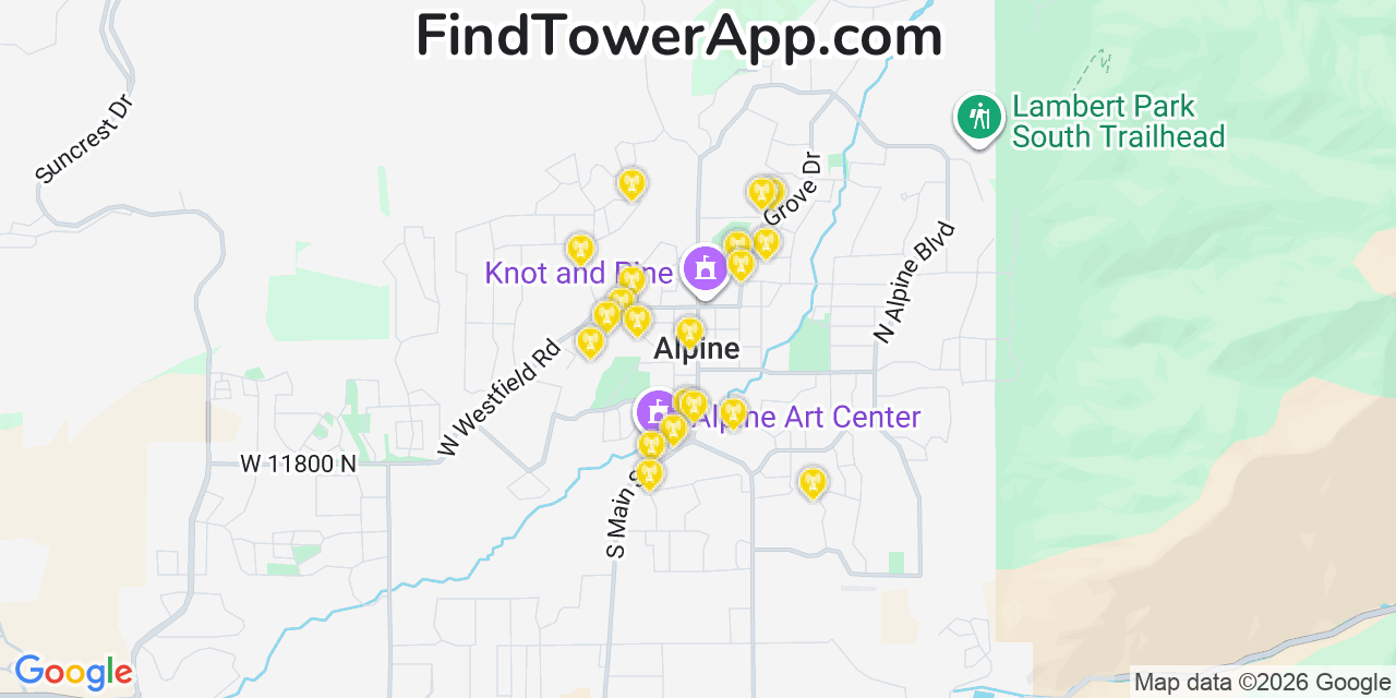 Map showing the 20 primary cell tower locations detected in Alpine, Utah from AT&T, Verizon, and T-Mobile networks