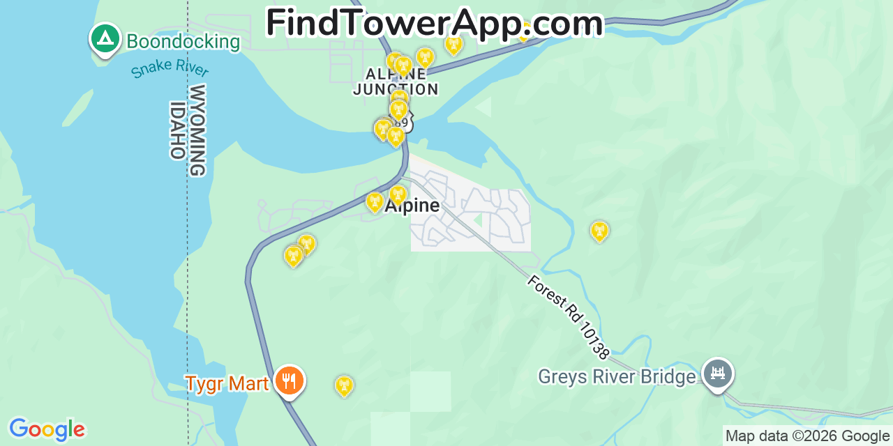 Map showing the 20 primary cell tower locations detected in Alpine, Wyoming from AT&T, Verizon, and T-Mobile networks