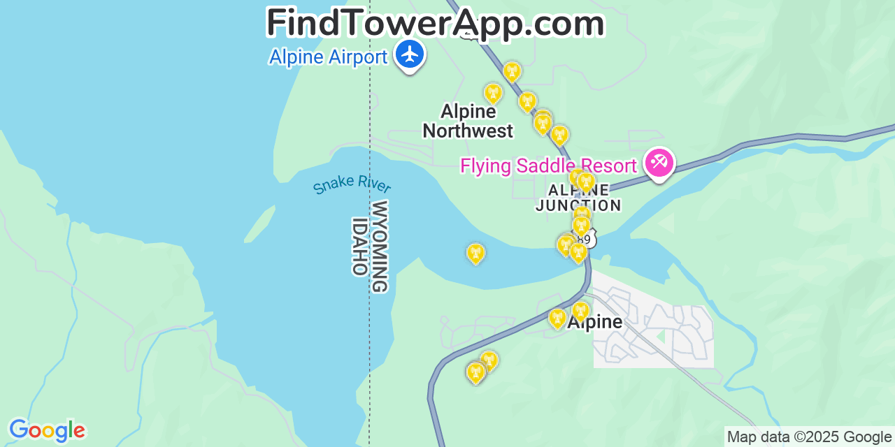 Map showing the 20 primary Verizon cell tower locations detected in Alpine, Wyoming with coverage radius and signal strength indicators