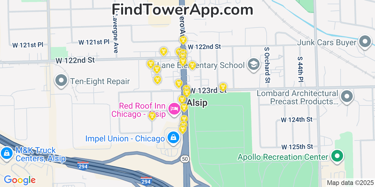 Map showing the 20 primary cell tower locations detected in Alsip, Illinois from AT&T, Verizon, and T-Mobile networks