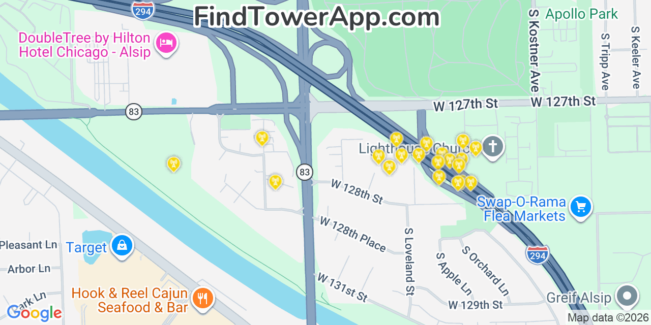 Map showing the 20 primary cell tower locations detected in Alsip, Illinois from AT&T, Verizon, and T-Mobile networks