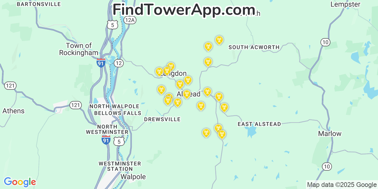 Map showing the 20 primary cell tower locations detected in Alstead, New Hampshire from AT&T, Verizon, and T-Mobile networks
