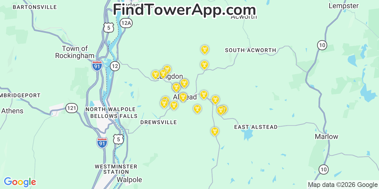 Map showing the 20 primary cell tower locations detected in Alstead, New Hampshire from AT&T, Verizon, and T-Mobile networks