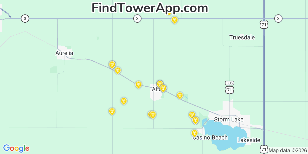 Map showing the 20 primary cell tower locations detected in Alta, Iowa from AT&T, Verizon, and T-Mobile networks