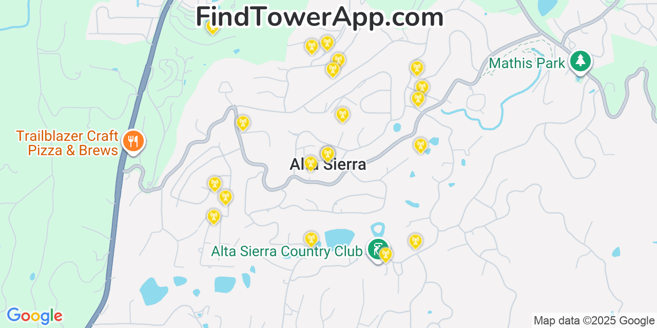 Map showing the 20 primary cell tower locations detected in Alta Sierra, California from AT&T, Verizon, and T-Mobile networks