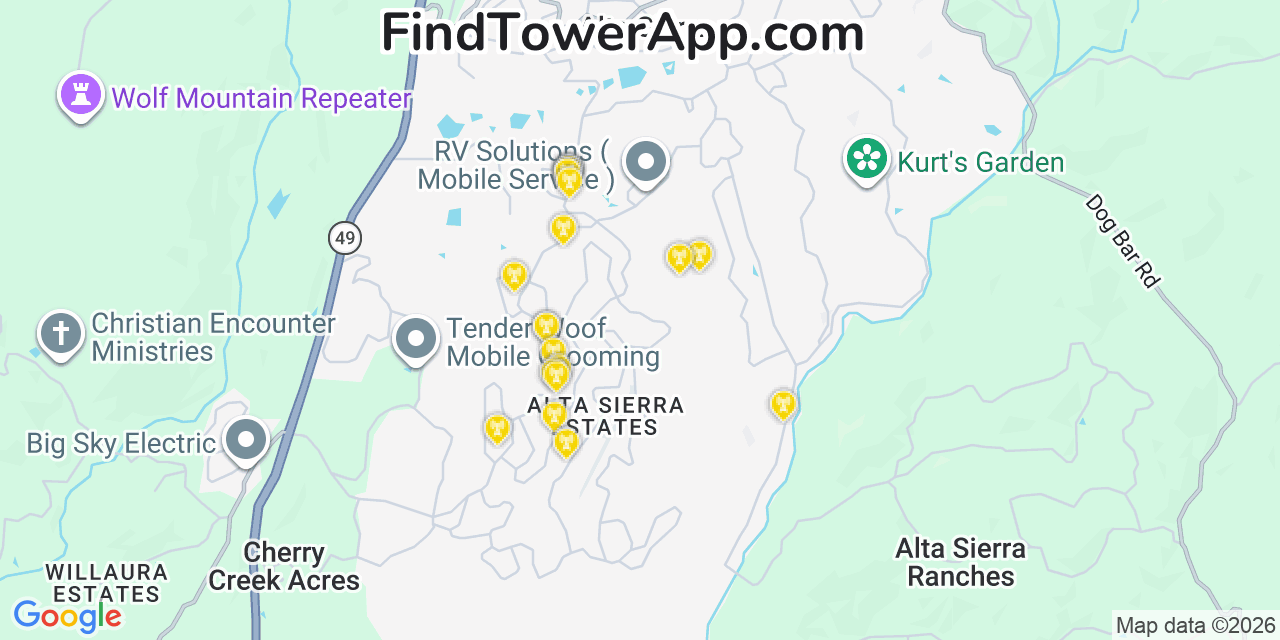 Map showing the 20 primary cell tower locations detected in Alta Sierra, California from AT&T, Verizon, and T-Mobile networks