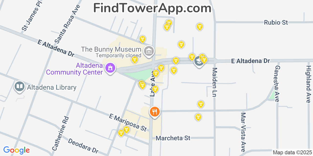 Map showing the 20 primary cell tower locations detected in Altadena, California from AT&T, Verizon, and T-Mobile networks