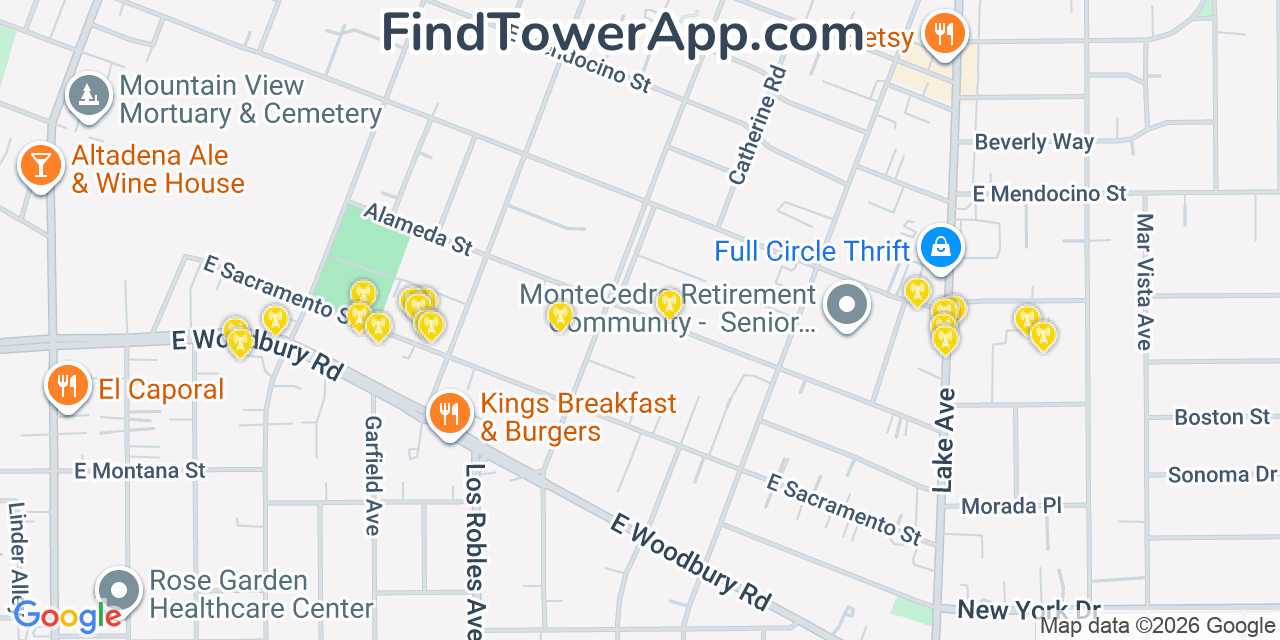 Map showing the 20 primary cell tower locations detected in Altadena, California from AT&T, Verizon, and T-Mobile networks