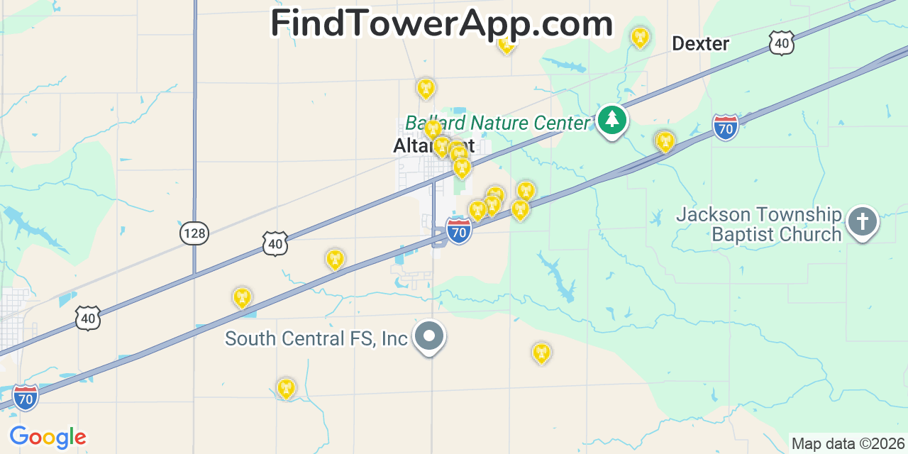 Map showing the 20 primary cell tower locations detected in Altamont, Illinois from AT&T, Verizon, and T-Mobile networks