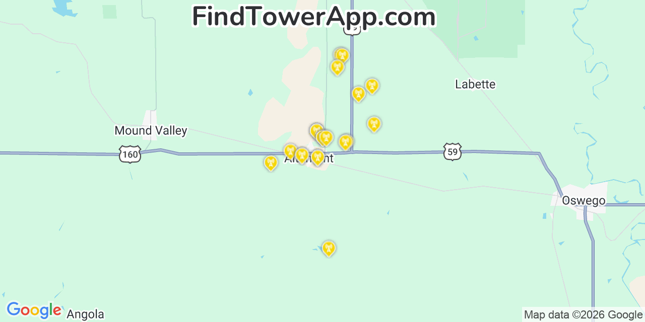 Map showing the 20 primary cell tower locations detected in Altamont, Kansas from AT&T, Verizon, and T-Mobile networks