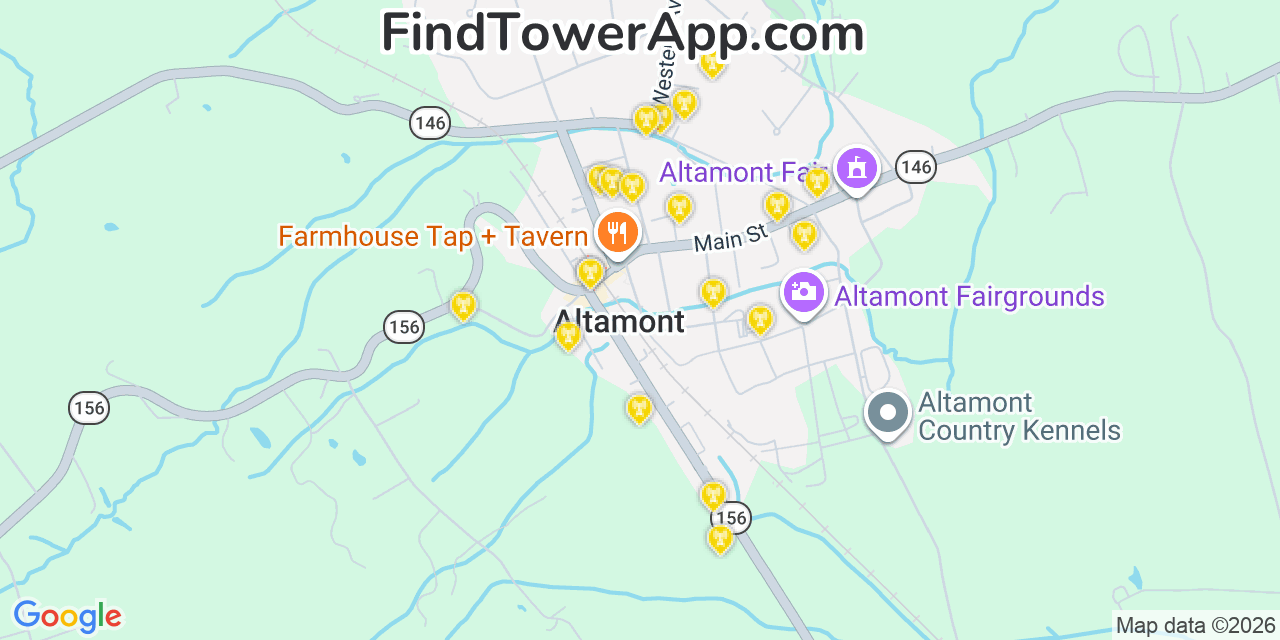 Map showing the 20 primary cell tower locations detected in Altamont, New York from AT&T, Verizon, and T-Mobile networks