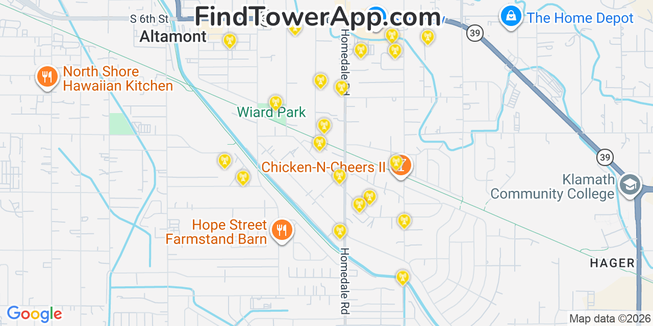 Map showing the 20 primary cell tower locations detected in Altamont, Oregon from AT&T, Verizon, and T-Mobile networks