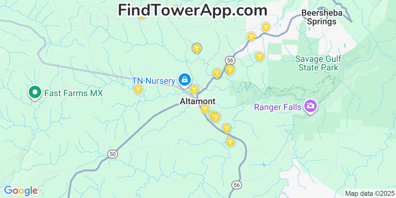 Map showing the 20 primary cell tower locations detected in Altamont, Tennessee from AT&T, Verizon, and T-Mobile networks