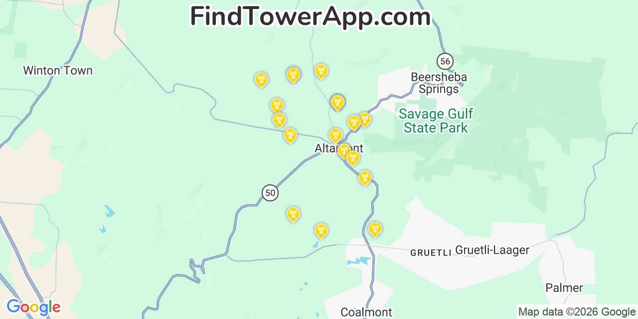 Map showing the 20 primary cell tower locations detected in Altamont, Tennessee from AT&T, Verizon, and T-Mobile networks