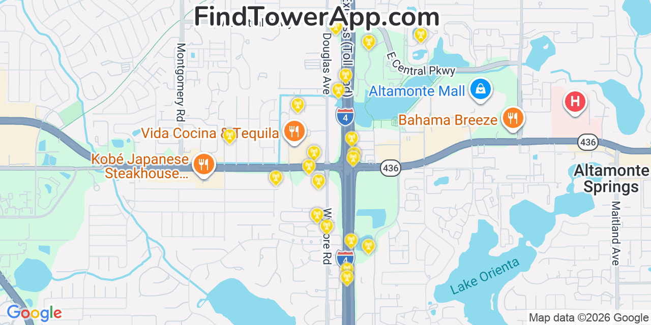 Map showing the 20 primary cell tower locations detected in Altamonte Springs, Florida from AT&T, Verizon, and T-Mobile networks