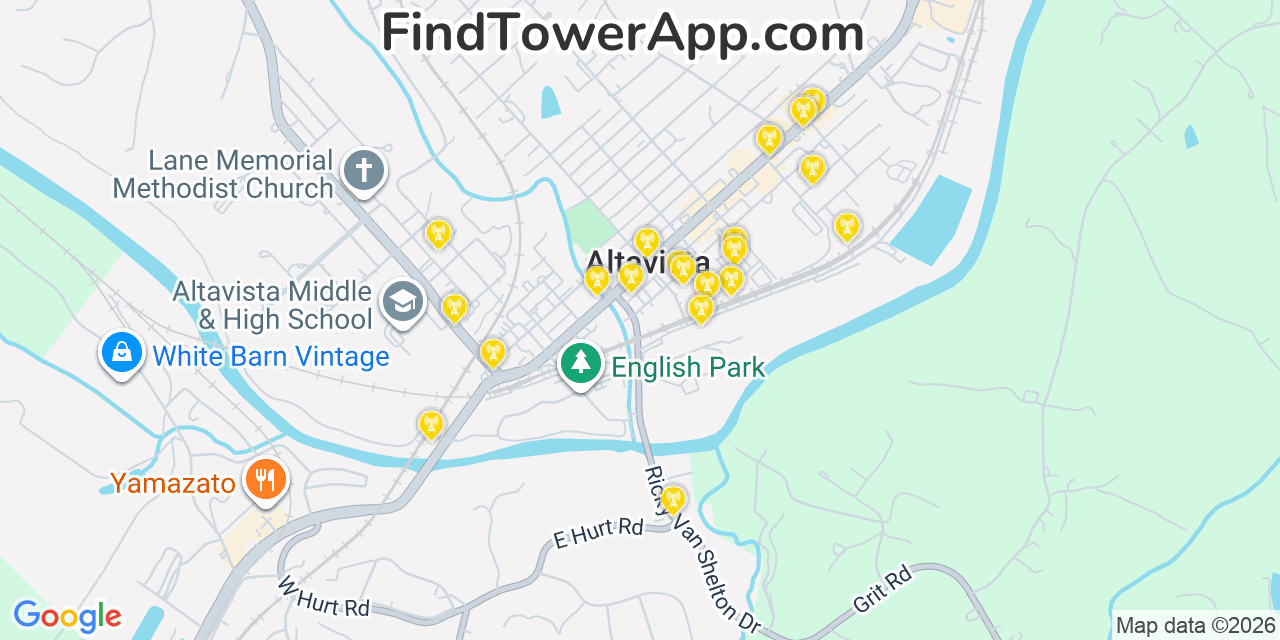 Map showing the 20 primary cell tower locations detected in Altavista, Virginia from AT&T, Verizon, and T-Mobile networks