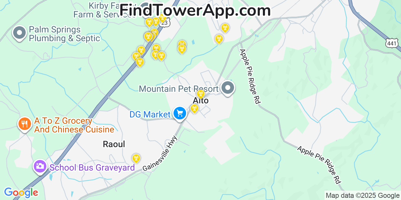 Map showing the 20 primary cell tower locations detected in Alto, Georgia from AT&T, Verizon, and T-Mobile networks