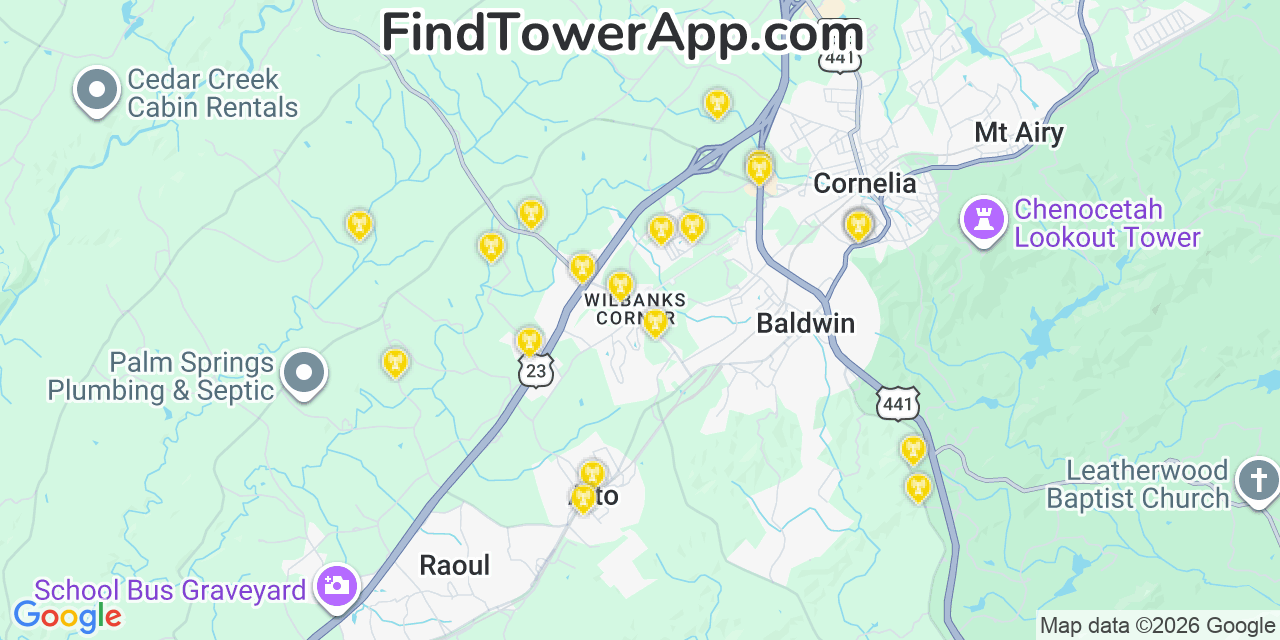 Map showing the 20 primary cell tower locations detected in Alto, Georgia from AT&T, Verizon, and T-Mobile networks