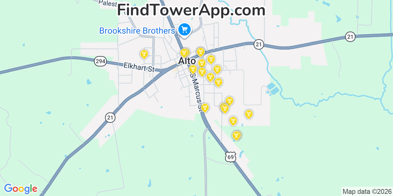 Map showing the 20 primary cell tower locations detected in Alto, Texas from AT&T, Verizon, and T-Mobile networks