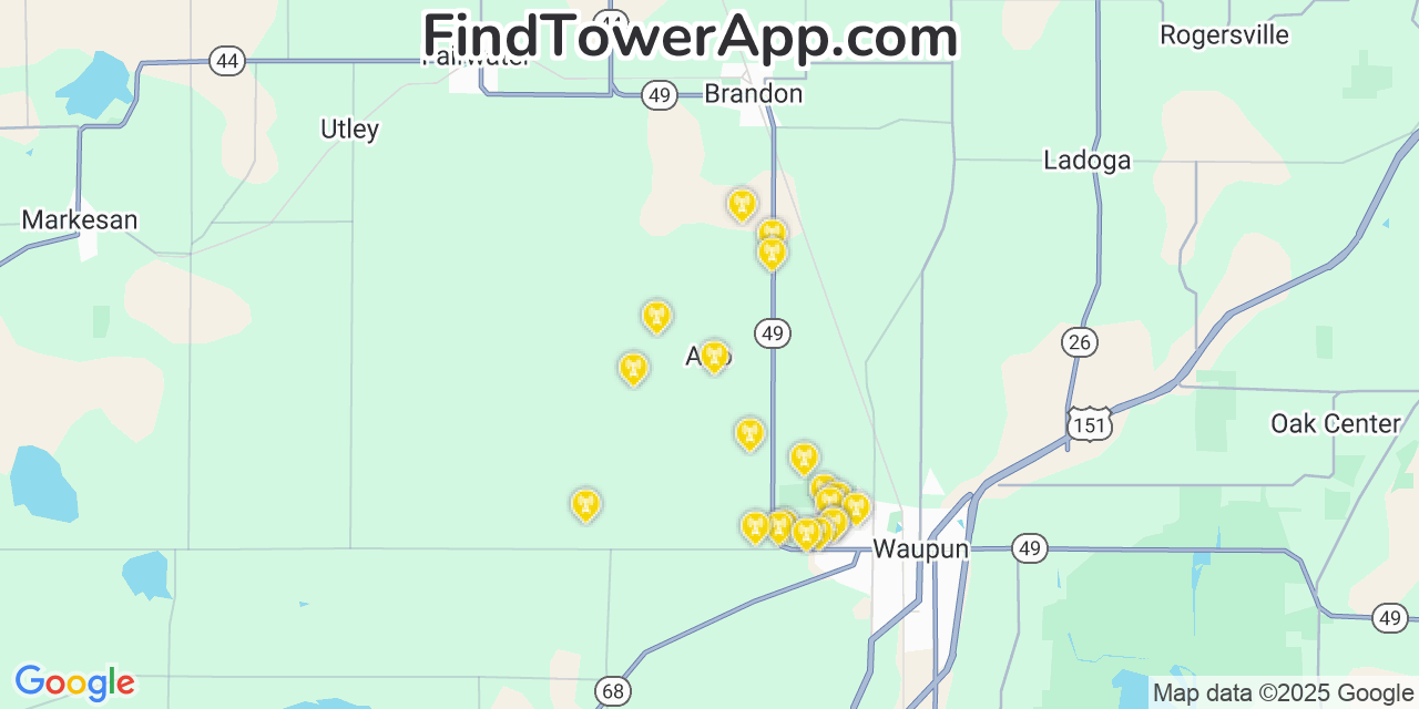 Map showing the 20 primary cell tower locations detected in Alto, Wisconsin from AT&T, Verizon, and T-Mobile networks